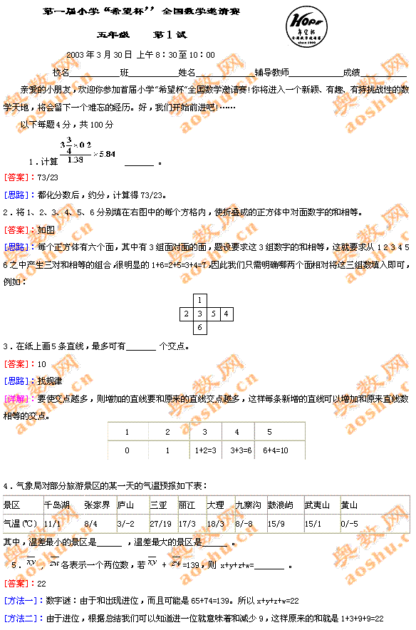 第一届小学“希望杯”全国数学邀请赛五年级 第1试答案及解析点评1