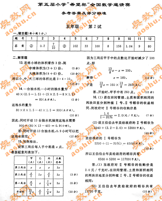 第五届小学“希望杯”全国数学邀请赛五年级 第2试试卷及答案4