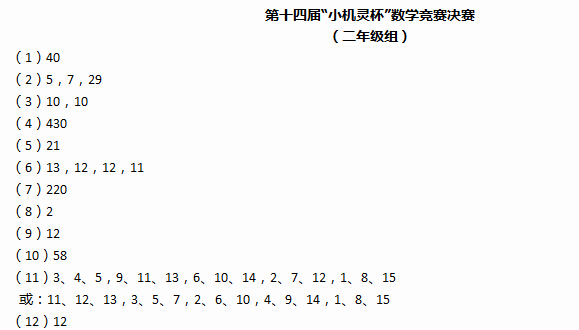 上海第14届小机灵杯决赛各年级真题标准答案1